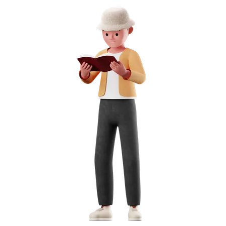 Personnage masculin lisant une pose de livre  3D Illustration