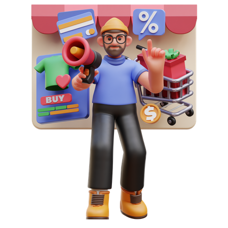 Personnage masculin faisant la promotion des achats en ligne  3D Illustration