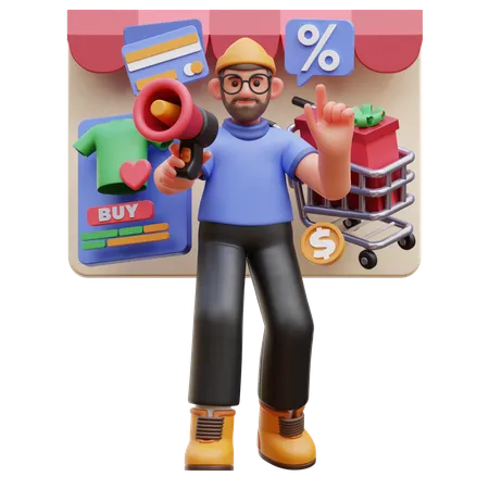 Personnage masculin faisant la promotion des achats en ligne  3D Illustration