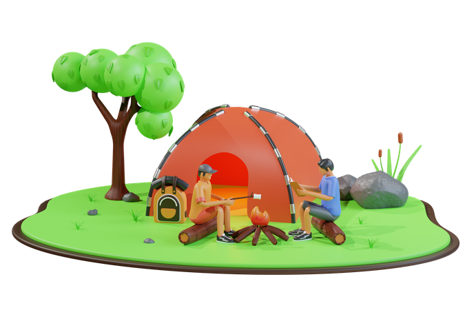 Personnes campant au camping dans la jungle  3D Illustration