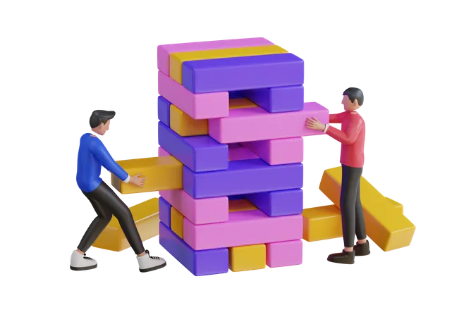 Personnes jouant au puzzle de blocs de cubes en bois  3D Illustration