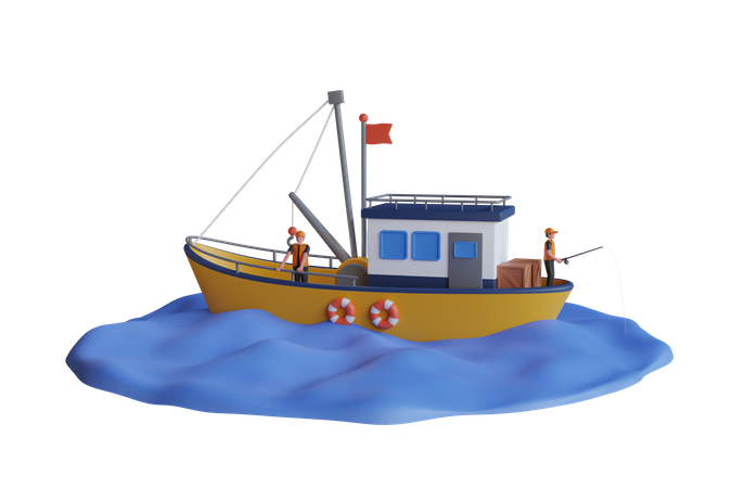 Pescadores en barco  3D Illustration