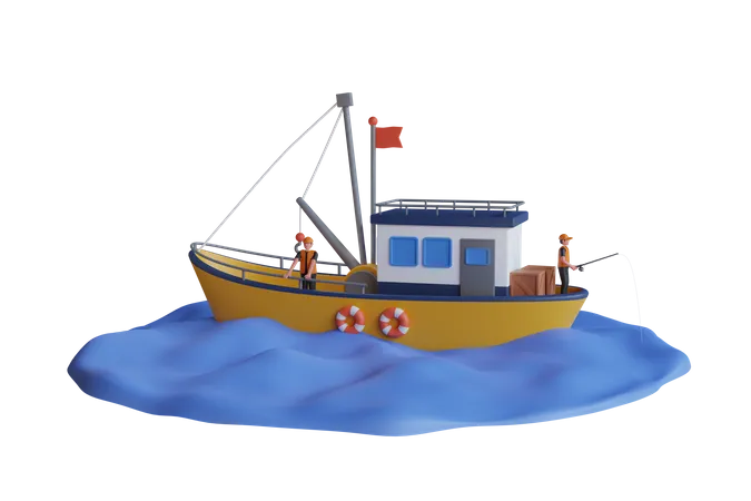 Ilustracion 3 D Del Hombre Pescando En El Barco Pescadores En Barco Barco Pesquero Navegando En Aguas Abiertas 3D Illustration