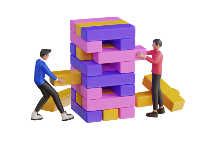Pessoas jogando quebra-cabeça de blocos de cubos de madeira  3D Illustration