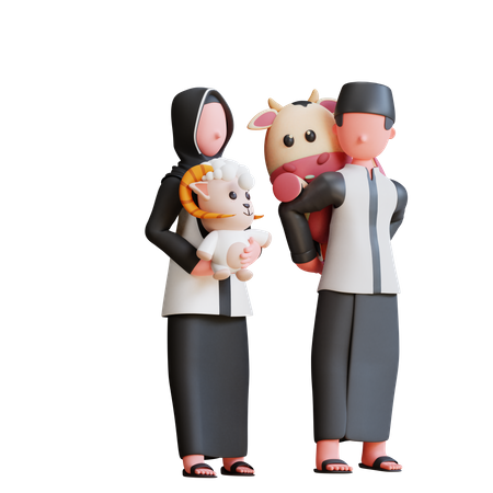 Povo muçulmano cuidando de bebês de vacas e ovelhas  3D Illustration