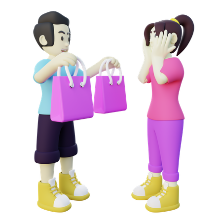 Petit ami donnant un cadeau à sa petite amie  3D Illustration