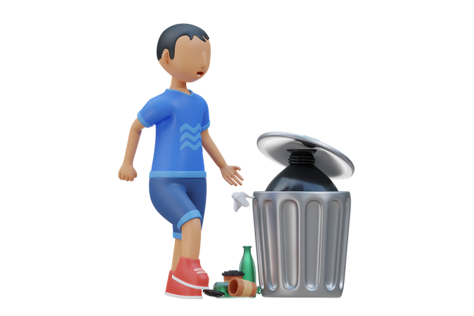 Un petit enfant avec un mauvais comportement jette des déchets  3D Illustration