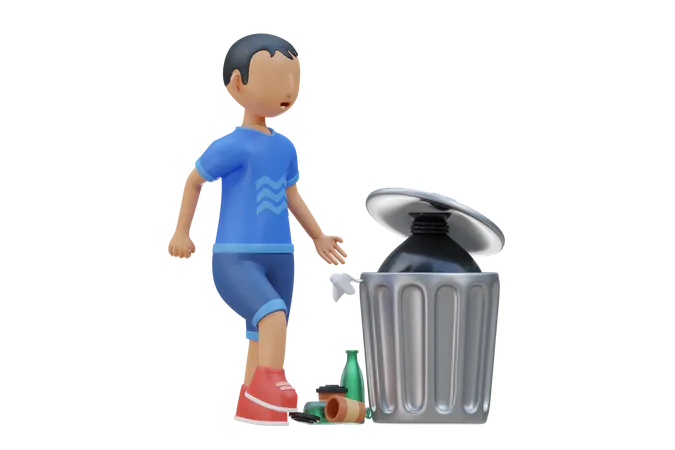 Un petit enfant avec un mauvais comportement jette des déchets  3D Illustration