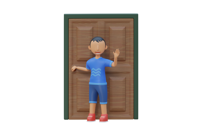 Petit enfant debout et tenant le bouton de porte  3D Illustration