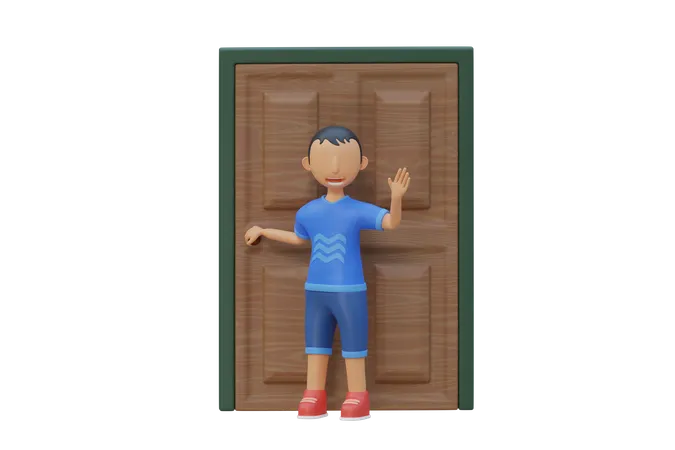 Petit enfant debout et tenant le bouton de porte  3D Illustration