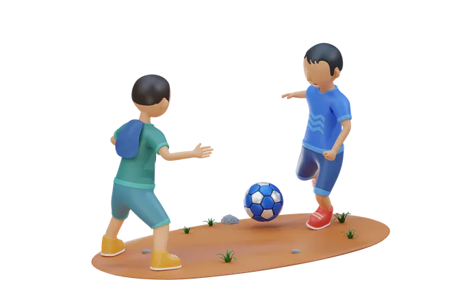 Un petit enfant joue au football avec un ami  3D Illustration