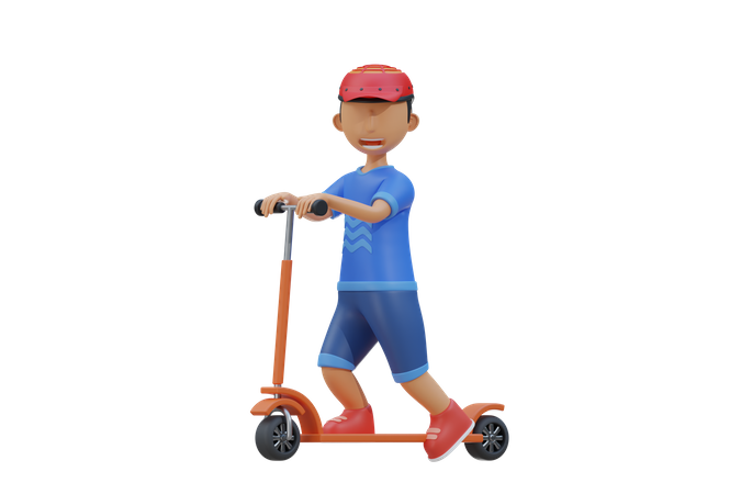 Un petit enfant fait du scooter et porte un casque  3D Illustration