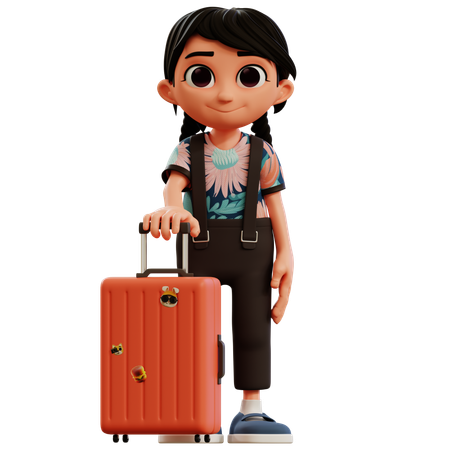 Petite fille debout avec une valise  3D Illustration