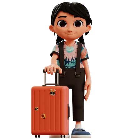 Petite fille debout avec une valise  3D Illustration