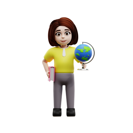 Petite étudiante avec globe  3D Illustration