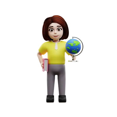 Petite étudiante avec globe  3D Illustration