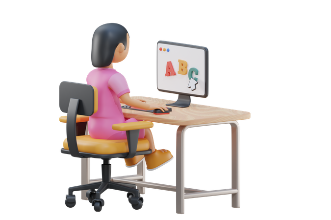 Petite fille étudie sur ordinateur  3D Illustration