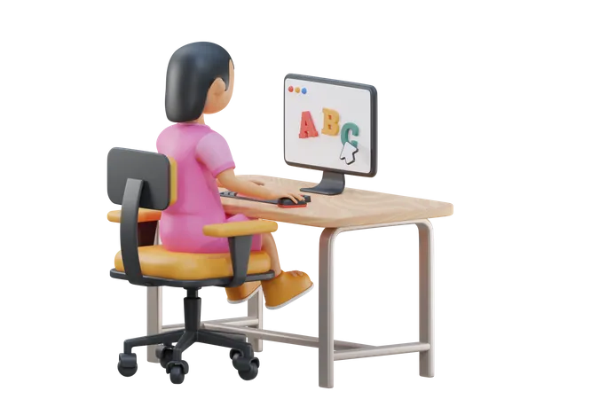 Petite fille étudie sur ordinateur  3D Illustration