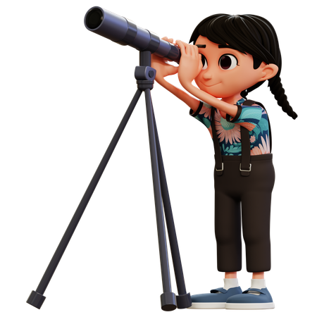 Petite fille regardant le ciel avec un télescope  3D Illustration