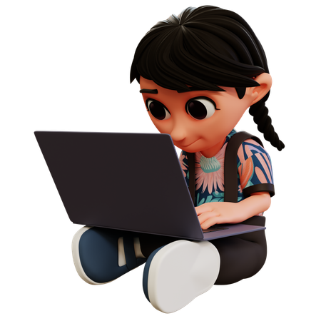 Petite fille travaillant sur un ordinateur portable  3D Illustration