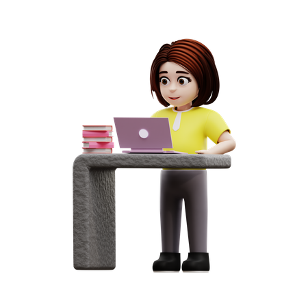 Petite fille utilisant un ordinateur portable pour étudier en ligne  3D Illustration