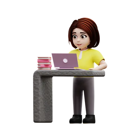 Petite fille utilisant un ordinateur portable pour étudier en ligne  3D Illustration