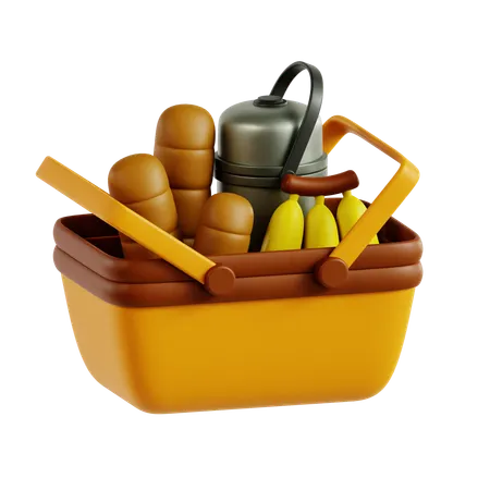 Picnic Basket With Food And Drinks  3D Icon
