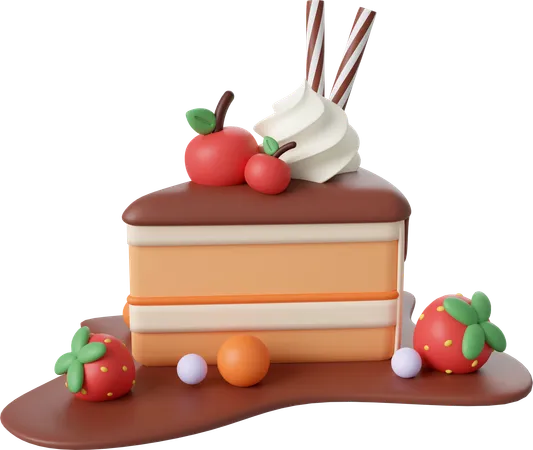 Piece of birthday cake with cherry  3D Icon