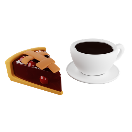 Piece of cherry pie and coffe 3D Illustration