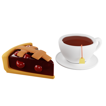 Piece of cherry pie and tea  3D Illustration