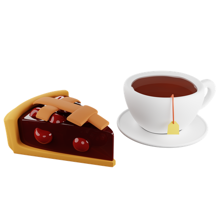 Piece of cherry pie and tea 3D Illustration