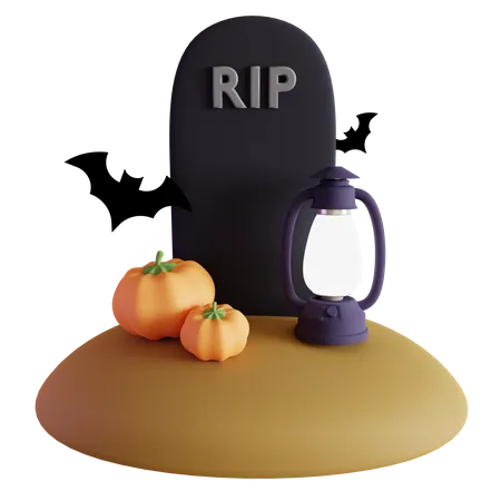 Pierre tombale d'Halloween avec citrouille et lanterne  3D Icon