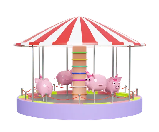 Carousel Or Merry Go Round With Piggy Bank Isolated 3 D Render Illustration 3D Illustration