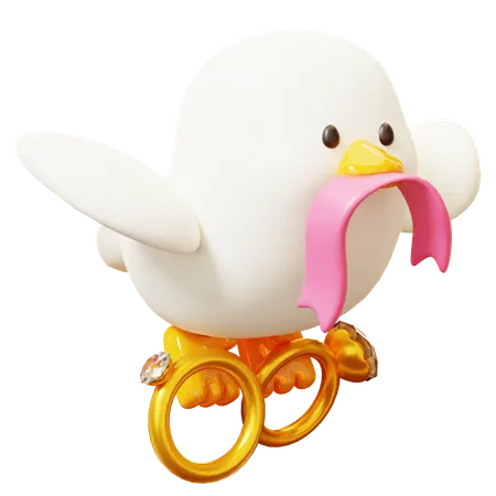 3 D Cute Cartoon Pigeon Carrying Wedding Rings And Pink Ribbon In Beak Wedding Wedding Invitation Marrying Ceremony Romantic Concept Groom And Bride 3D Icon