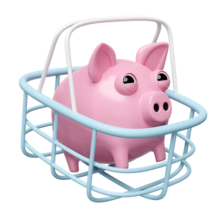 Pink Piggy Banks With Basket Shopping Cart Isolated Saving Money Concept 3D Icon