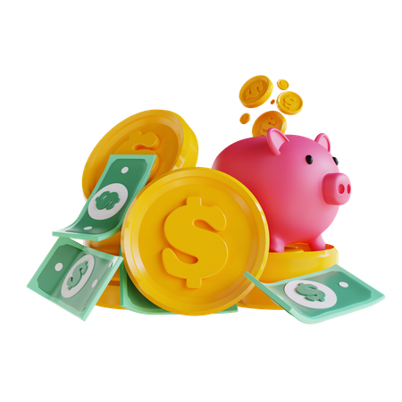 Piggy Bank And Pile Of Money  3D Icon