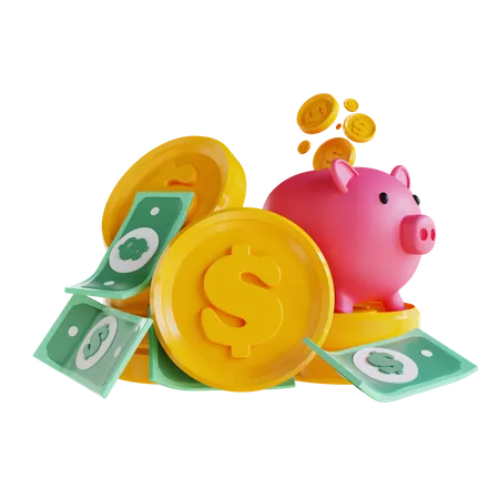 Piggy Bank And Pile Of Money  3D Icon