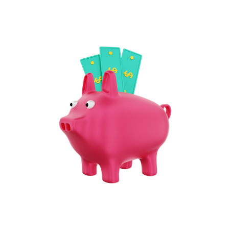 Piggy bank with dollar banknotes 3D Illustration