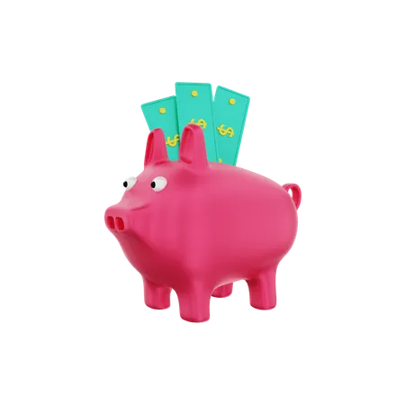 Piggy bank with dollar banknotes  3D Illustration