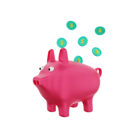 Piggy bank with dollar coins scattered  3D Illustration