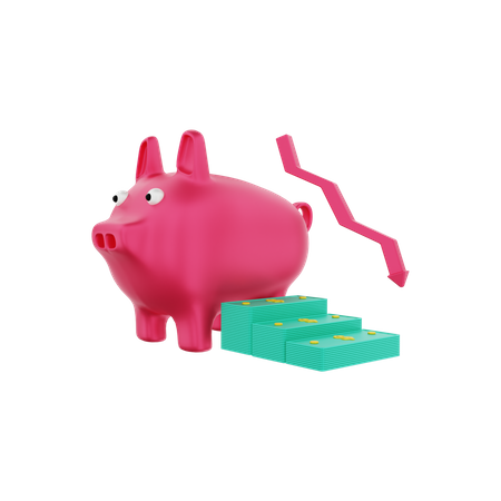 Piggy bank with investment dollar banknotes down 3D Illustration