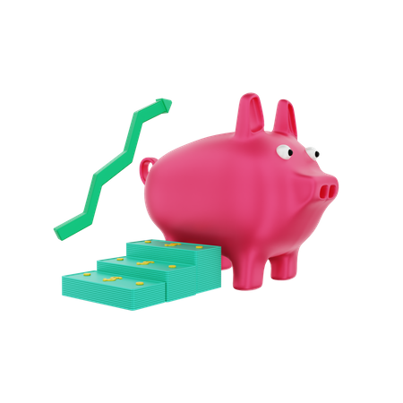 Piggy bank with investment dollar banknotes grow  3D Illustration