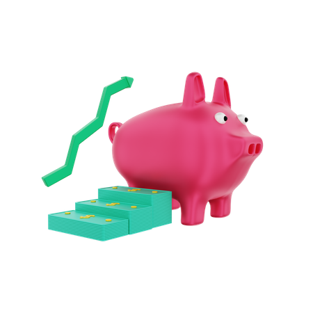 Piggy bank with investment dollar banknotes grow 3D Illustration