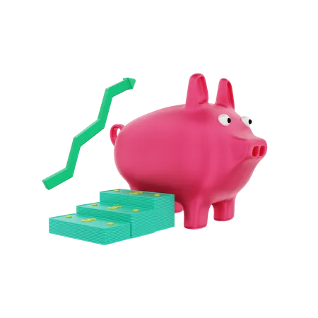 Piggy bank with investment dollar banknotes grow  3D Illustration