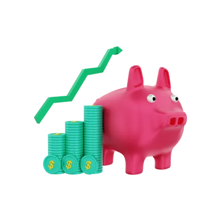 Piggy bank with investment dollar coins grow  3D Illustration