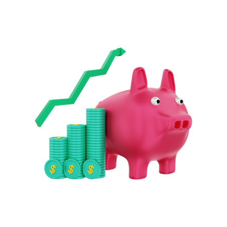 Piggy bank with investment dollar coins grow 3D Illustration