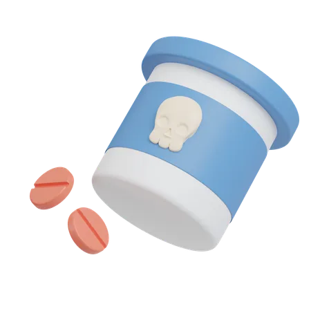 頭蓋骨と錠剤が入った薬瓶、薬物使用の概念 3 D アイコン麻薬イラスト 3D Icon