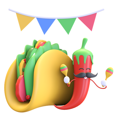 Piment rouge jouant des maracas avec des tacos  3D Icon