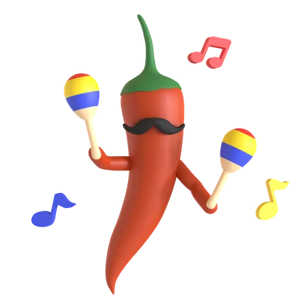 Piment rouge jouant des maracas  3D Illustration