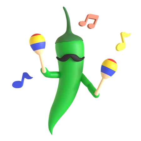 Piment vert jouant des maracas  3D Illustration